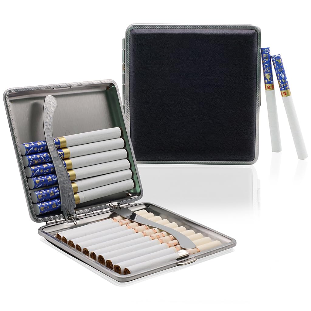 GUSTAVE® Cigarette Case King Size for Men Women Holds 20 Cigarettes Case Box Holder Brown Leather Vintage Hard Metal Full Pack 84mm Regular Size