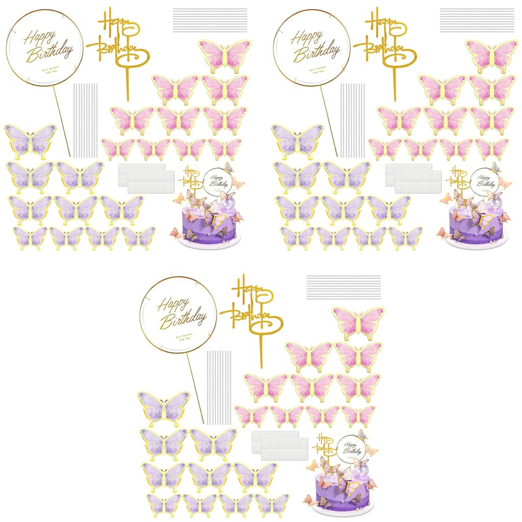 HASTHIP Butterfly Cake Toppers for Birthday Decoration with 60PCS Set and Dual Pink Purple Design | Includes 1 Acrylic and 1 Iron Happy Birthday Topper