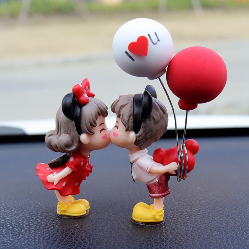 HASTHIP® 2Pcs for Couple, Car Ornaments Cartoon Figurines, Showpieces Dashboard, Desk Decoration Valentine Gifts with Adhesive Stickers