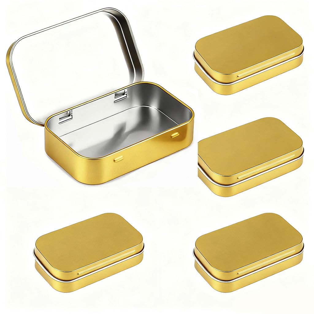 HASTHIP Small Tin Boxes for Crafts and Spices with Secure Lids 4Pcs 9.5x6x2.2cm | Gold Aluminium Storage Containers