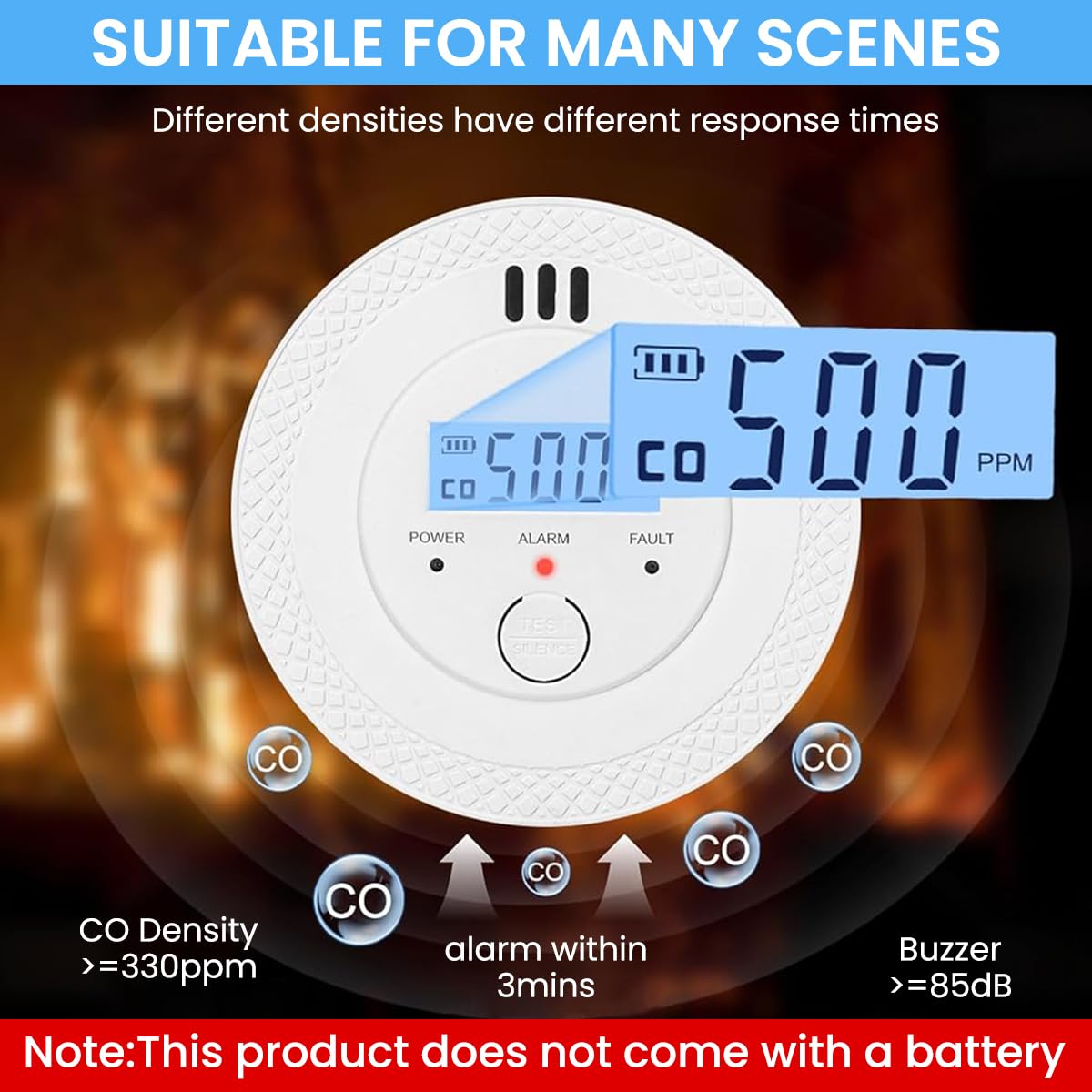 HASTHIP Carbon Monoxide Detector for Home with Digital LCD Display and 90dB Alarm | Battery Operated