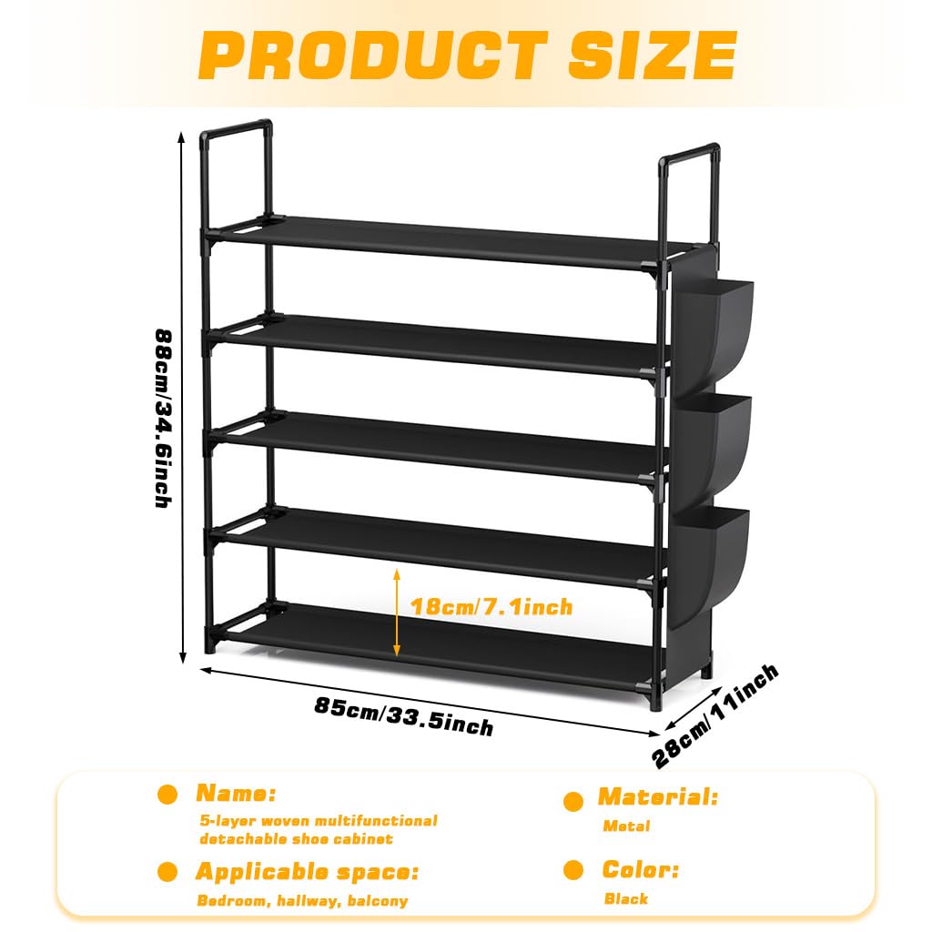 HASTHIP Shoe Rack for Entryway with 5 Tiers and 3 Side Pouches 85x28x88cm Non Woven Fabric