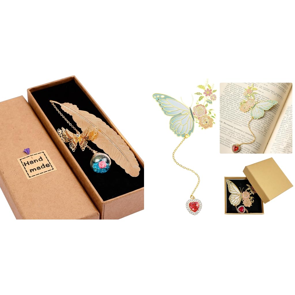 HASTHIP Metal Feather and Butterfly Bookmark Combo with Glass Beads for Women | Vintage Reading Gift