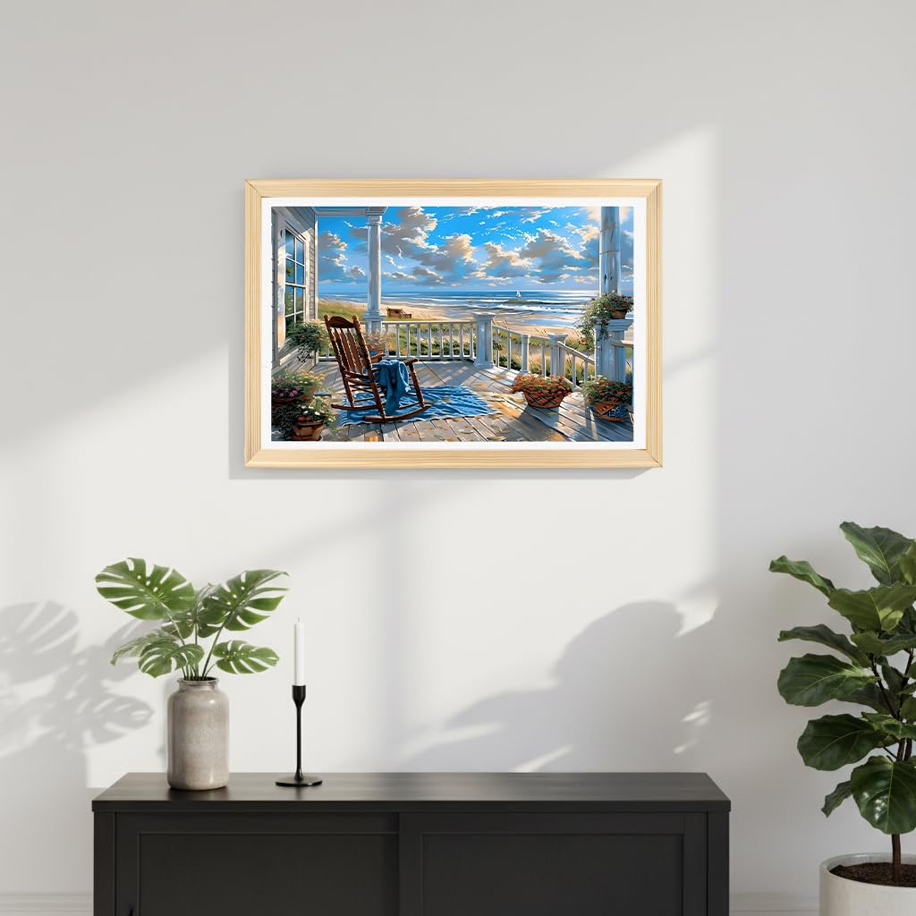 HASTHIP® DIY Paint by Number Kit for Adults, Coastal Porch Ocean View Landscape Painting Art Work with Frame, DIY Acrylic Paint by Numbers Canvas Wall Art Home Decor Gift, 40x50cm
