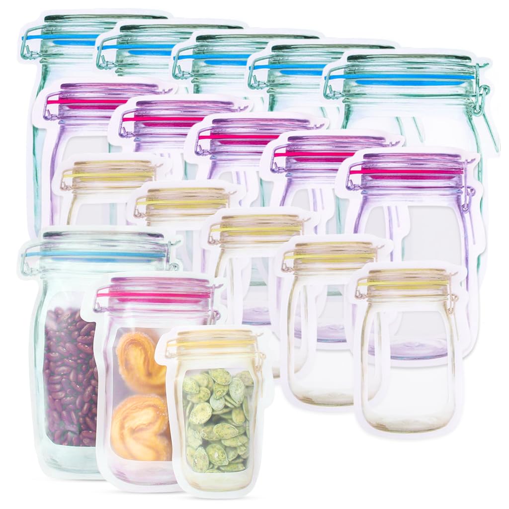 HASTHIP® Reusable Ziplock Bags for Fridge,15 Pcs Mason Jar Shaped Airtight Food Storage Bags,3 Sizes Leak-Proof Reclosable Snack Food Grade PE Freezer Organizer Pouches for Kitchen
