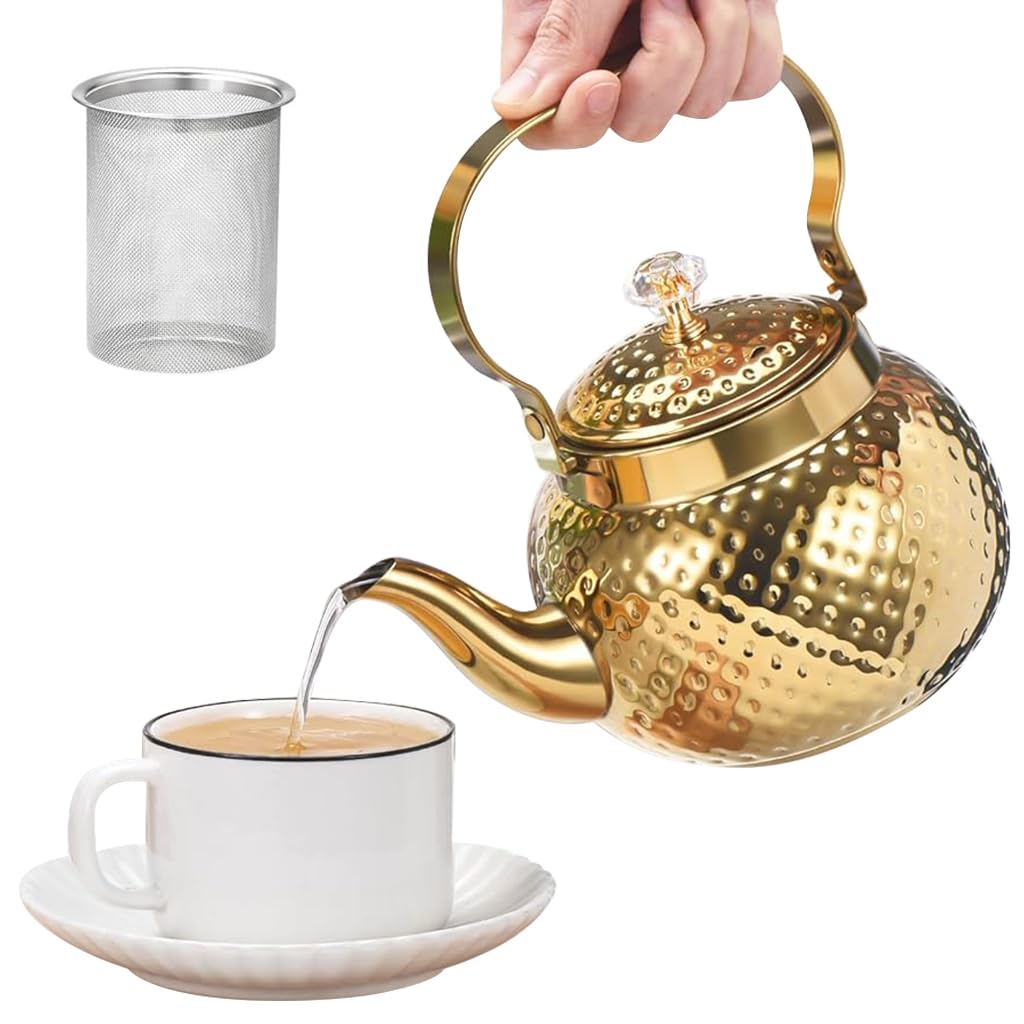 HASTHIP® 2L Stainless Steel Teapot with Removable Infuser,Stovetop Safe Tea Kettle for Loose Leaf & Blooming Tea,Rust Resistant Luxury Golden Pot with Easy Pour Spout