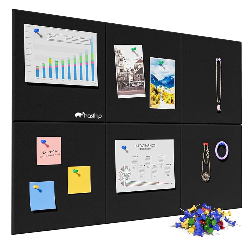 HASTHIP® 6Pcs Felt Bulletin Board, 11.8x11.8inch Self-Adhesive Wall Boards with 50pcs Drawing Pins, Felt Message Board for Paste Notes, Photos, Schedules (Black)