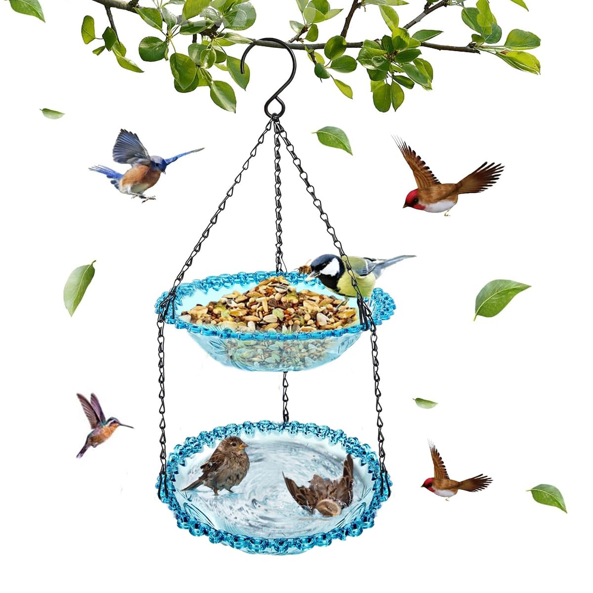 HASTHIP Garden Hanging Bird Bath for Outdoor Use with 70CM Double Layer Bowls | Crystal Blue Decor