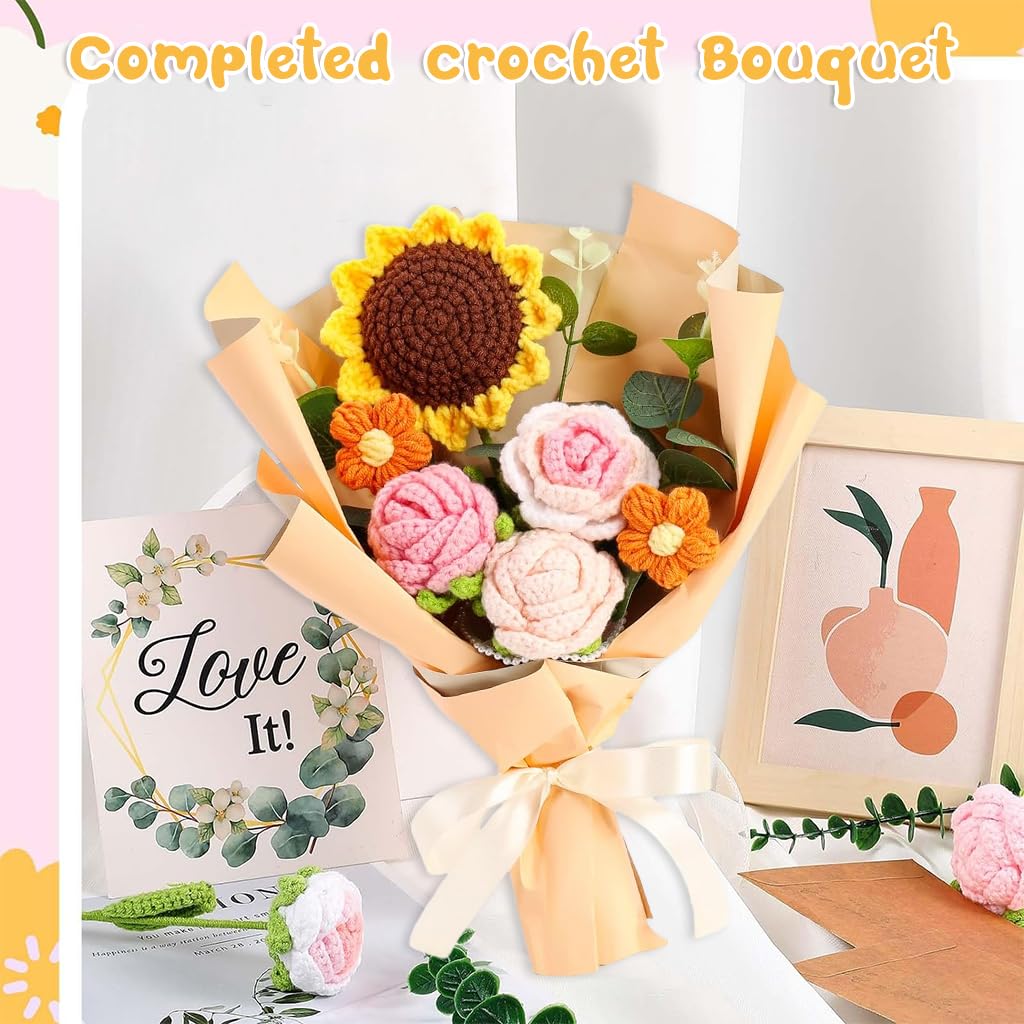 HASTHIP Crochet Flower Bouquet for Desk Decoration with 6 Fabric Sunflowers and Roses | Box Gift for Women