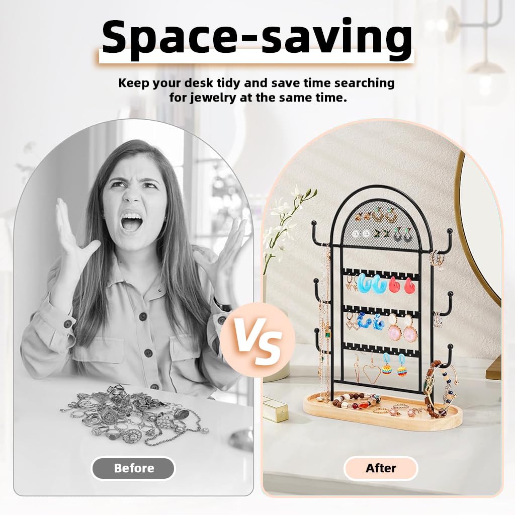 HASTHIP Jewelry Organizer for Desk Use with 3 Tiers 27 Holes 6 Hooks & Wooden Tray | Metal Display Stand for Earrings Necklaces Rings
