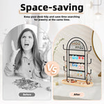 HASTHIP Jewelry Organizer for Desk Use with 3 Tiers 27 Holes 6 Hooks & Wooden Tray | Metal Display Stand for Earrings Necklaces Rings