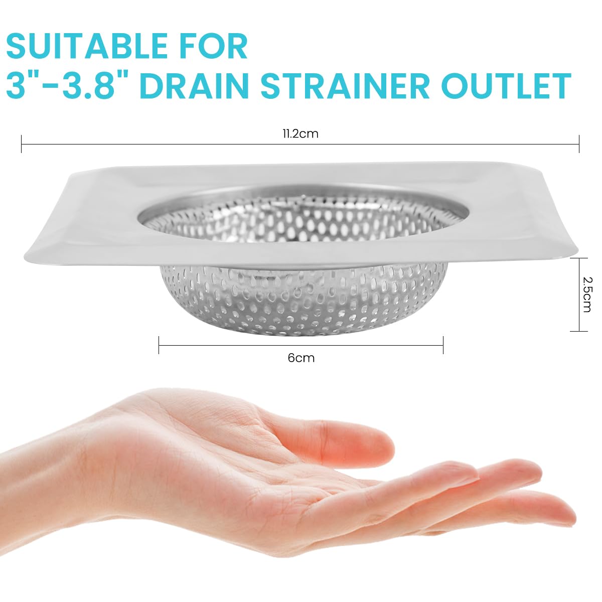 HASTHIP® 2Pcs Square Stainless Steel Kitchen Strainer, Drain Filter, Wide Rim Anti Clogging Mesh Drain Filter Vegetable Hair Catcher Drain Cover, 4.3 inches Diameter (Silver)