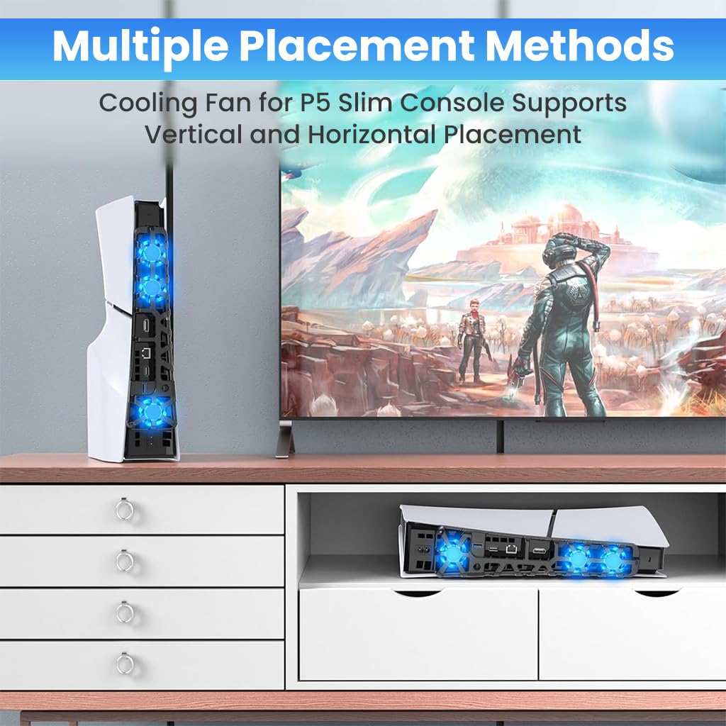 HASTHIP® Ventilador LED para PS5 Slim,Enfriador Silencioso con Memoria,Accesorio con 3 Ventiladores y Puerto USB 3.0 Compatible Consola Digital y de Disco Sistema de Refrigeración
