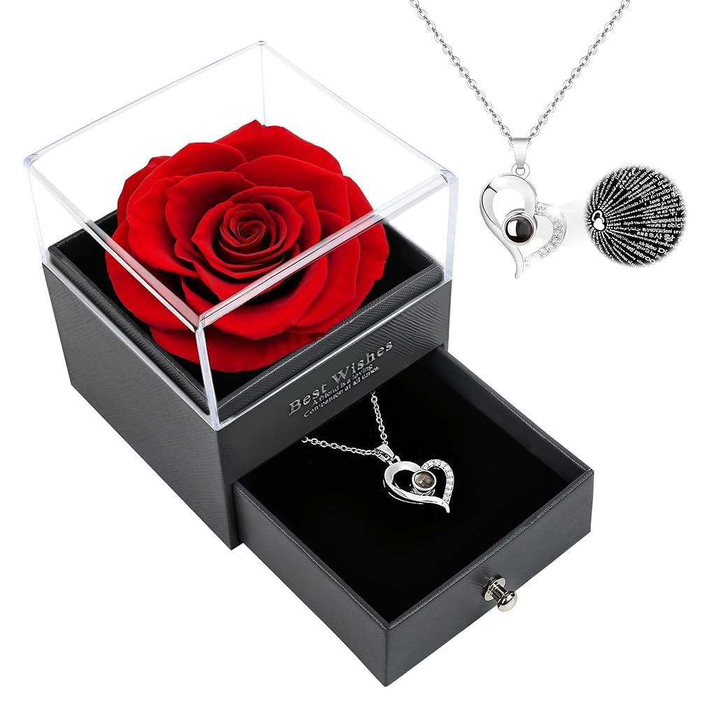 HASTHIP Heart Pendant Necklace with Rose Gift Box for Women | I Love You in 100 Languages