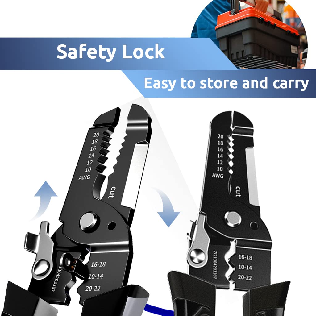 Multipurpose Wire Cutter and Stripper Tool Durable Carbon Steel Ergonomic Grip 10-22 AWG for Electricians & DIY with Safety Lock Crimping & Cutting Functions