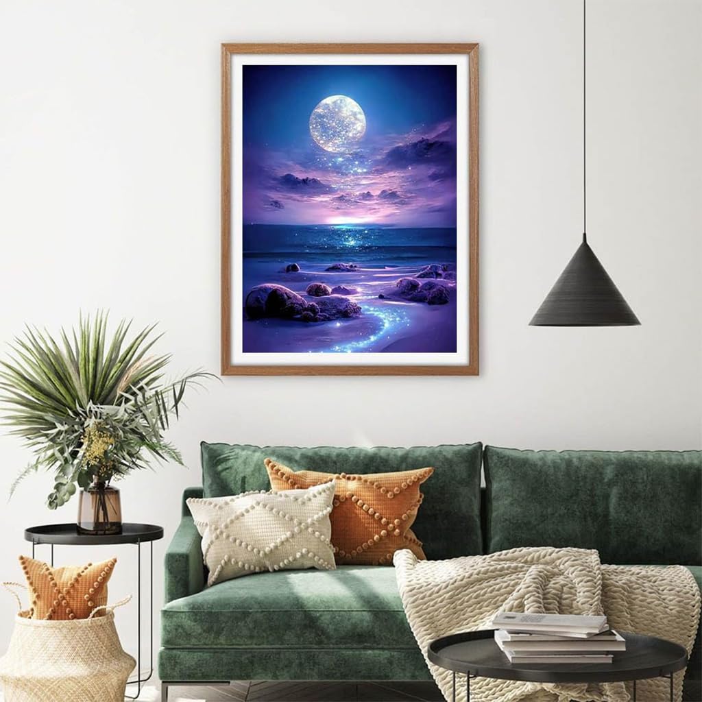 HASTHIP DIY 5D Diamond Painting Art Kit for Home Decor featuring 12 x 16 in Moonlit Beach Scene | 2 PCS Beginner Set