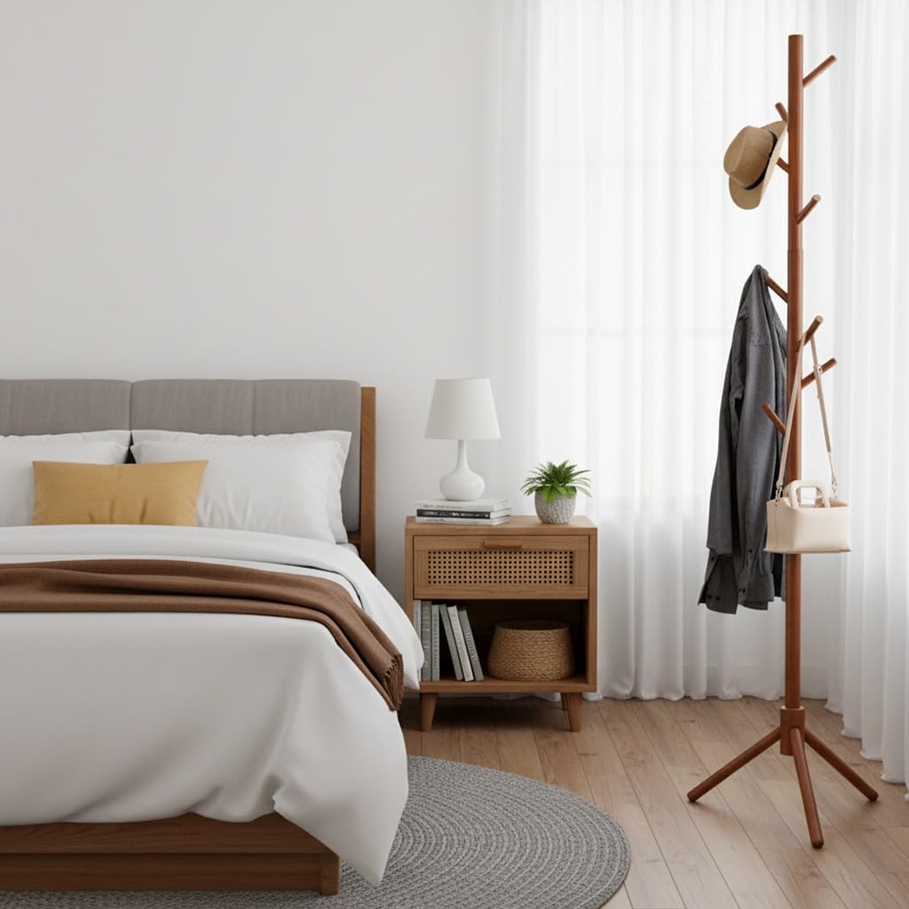HASTHIP® Solid Wood Coat Hanger, 67.7'' Minimalist Cloth Stand for Bedroom, Coat Stand with 8 Twig Hooks, Freestanding Clothes & Hat Hanger