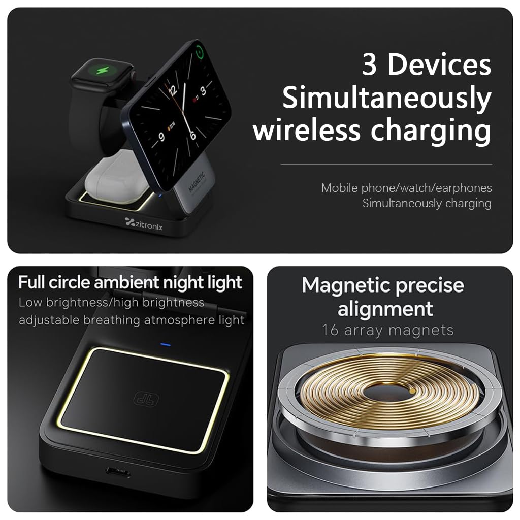 HASTHIP® Upgraded 3 in 1 Wireless Charger, Charger Cradle, Luminous Foldable Wireless Charging Cradle, Compatible with Charger & 16/15/14/13/12