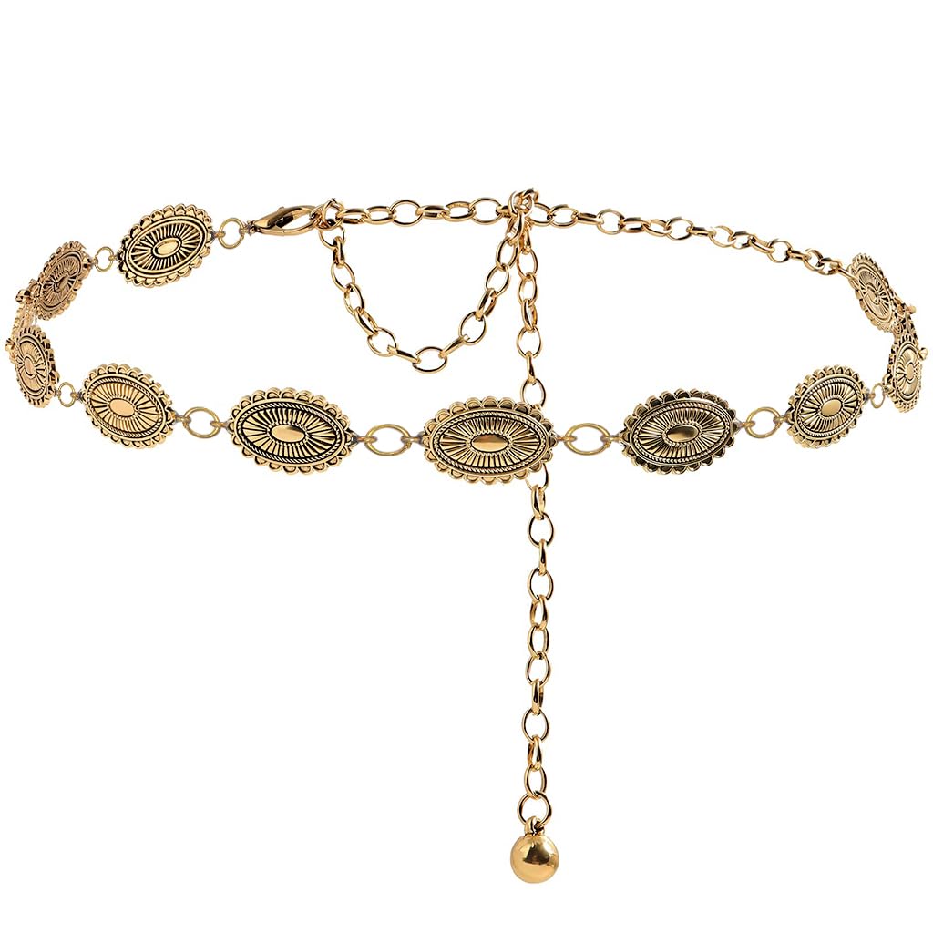 HASTHIP® Cinturón de Cadena para Mujer,Cinturón Metálico Ajustable Dorado Estilo Bohemio y Retro,Accesorio de Moda para Vestidos Jeans y Trajes Fiesta (63cm+50cm)