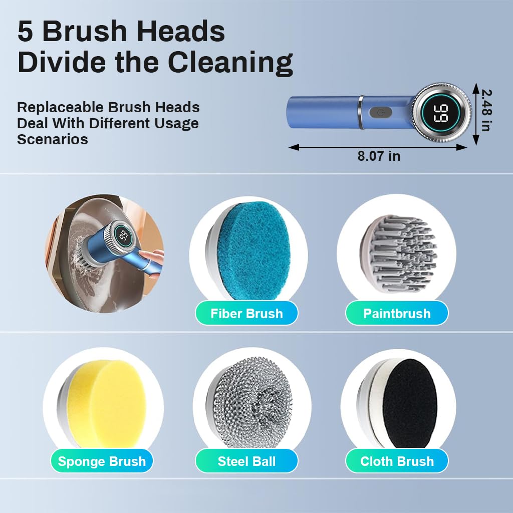 HASTHIP® Cordless Electric Spin Scrubber Cleaning Brush with 5 Replaceable Brush Heads, Electric Bathroom Cleaning Brush with Power Display, 3 Speeds & Max 2400RPM, Electric Cleaning Brush for Home