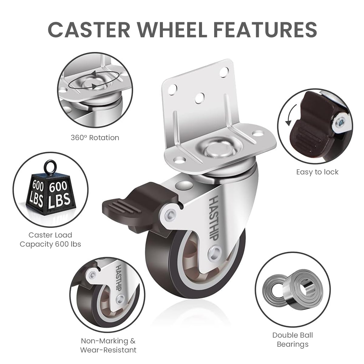 HASTHIP Caster Wheels Set of 8 for Furniture with 1 Inch L Shaped Side Mount | 400 lbs Load