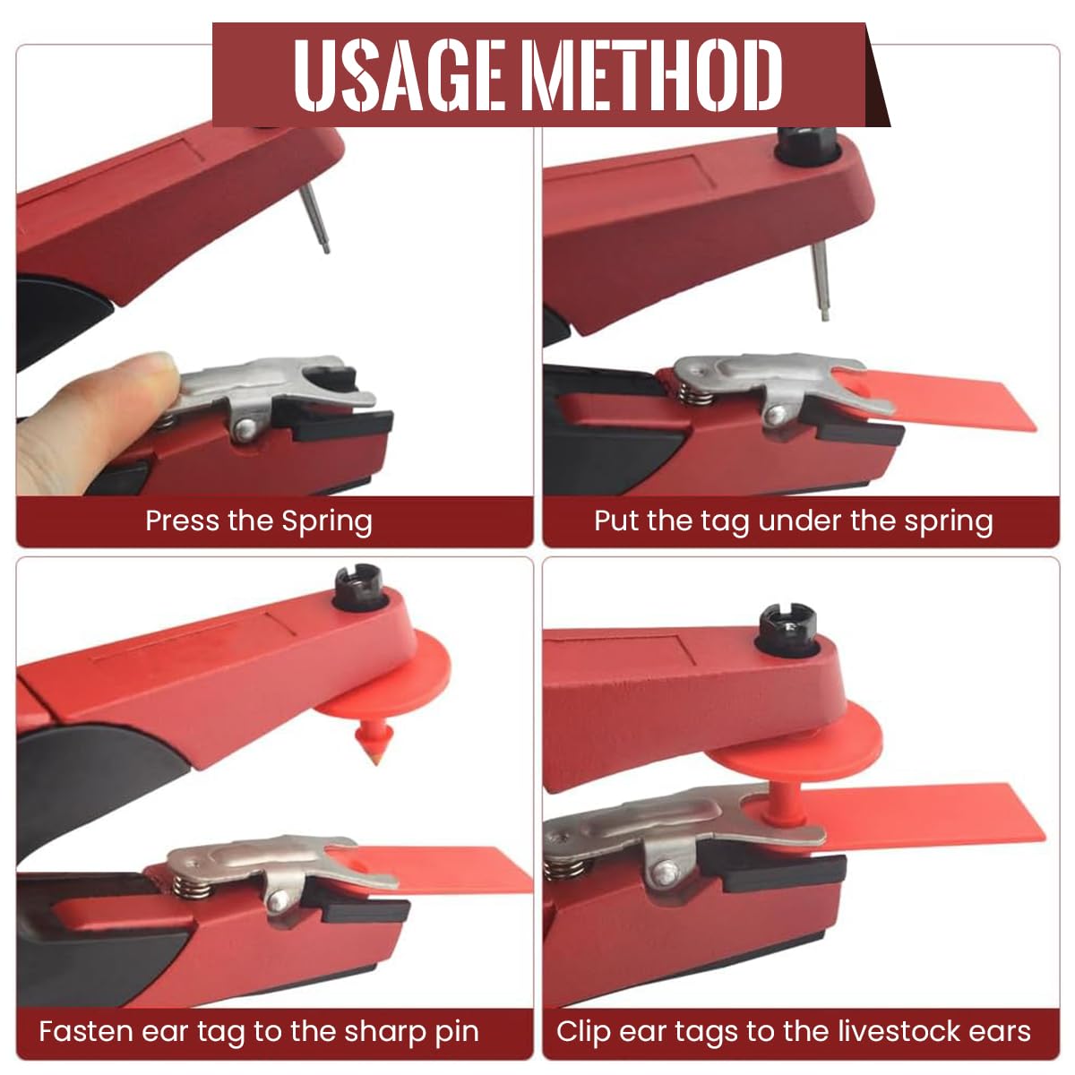 HASTHIP Livestock Ear Tag Applicator Set for Cattle and Sheep with 100 Numbered Tags | Red Plastic Farming Tool