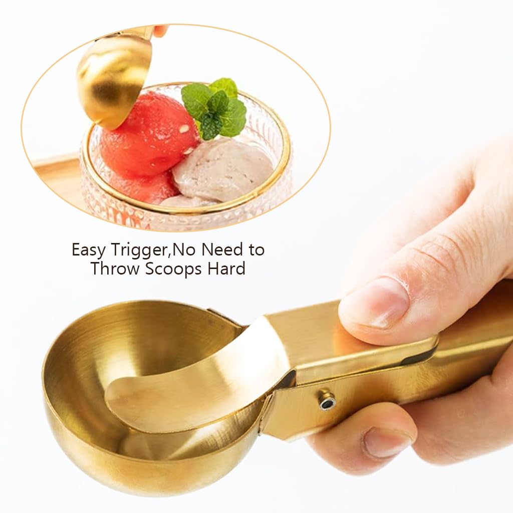 HASTHIP Ice Cream Scoop for Dessert and Fruit with Easy Trigger Lever 7 in Golden Stainless Steel Handle