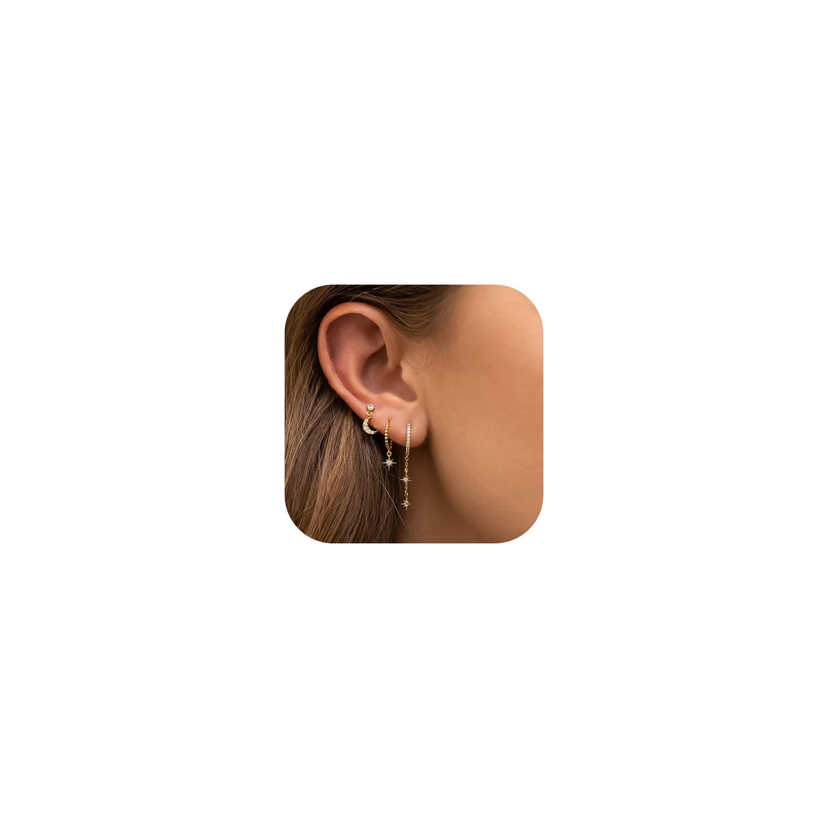 HASTHIP® Set de 3 Pares de Pendientes para Mujer,Aros y Studs Dorados con Diseño Luna,Estrella y Flor Joyería Hipoalergénica para Múltiples Perforaciones