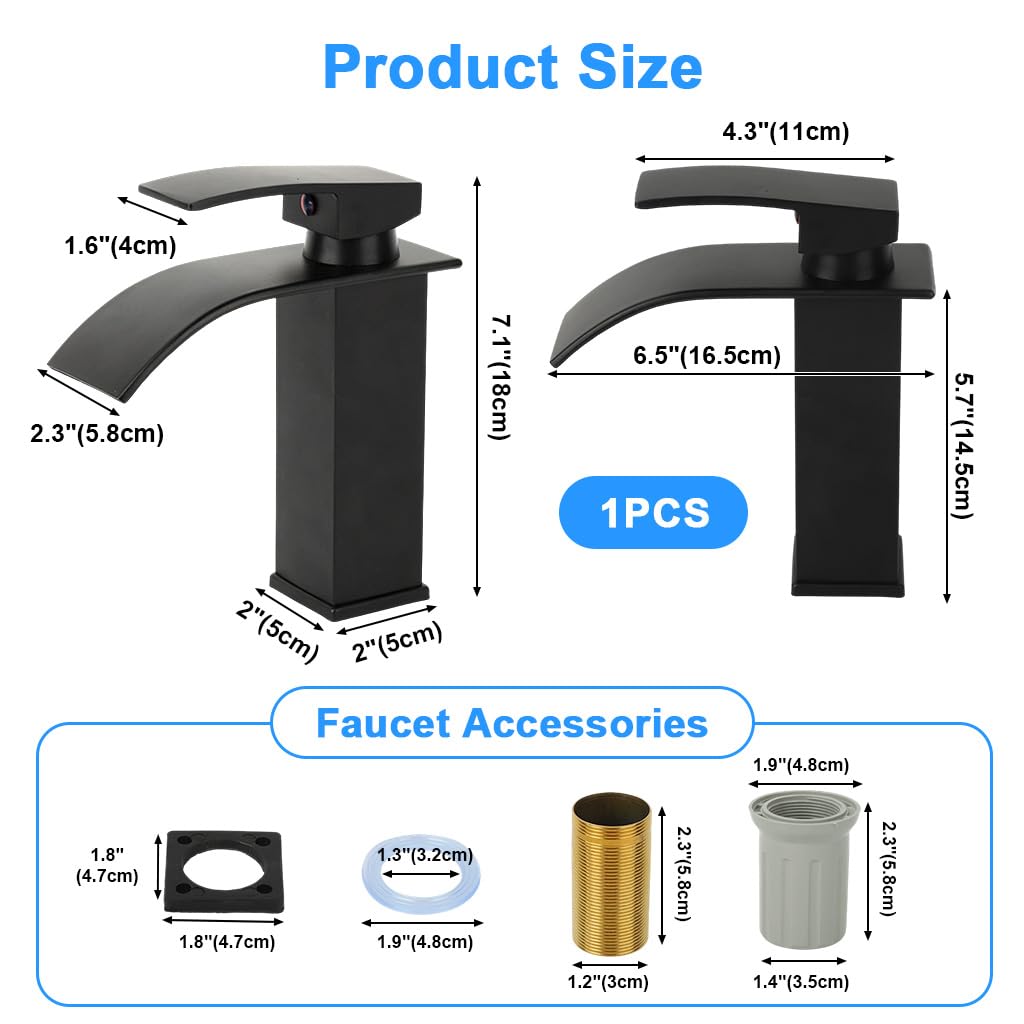 HASTHIP® Matte Black Waterfall Bathroom Faucet, Stainless Steel Single Handle Mixer Sink Faucet, Deck-Mounted Single Hole Vanity Faucet with Curved Spout, Modern Lavatory Basin Tap