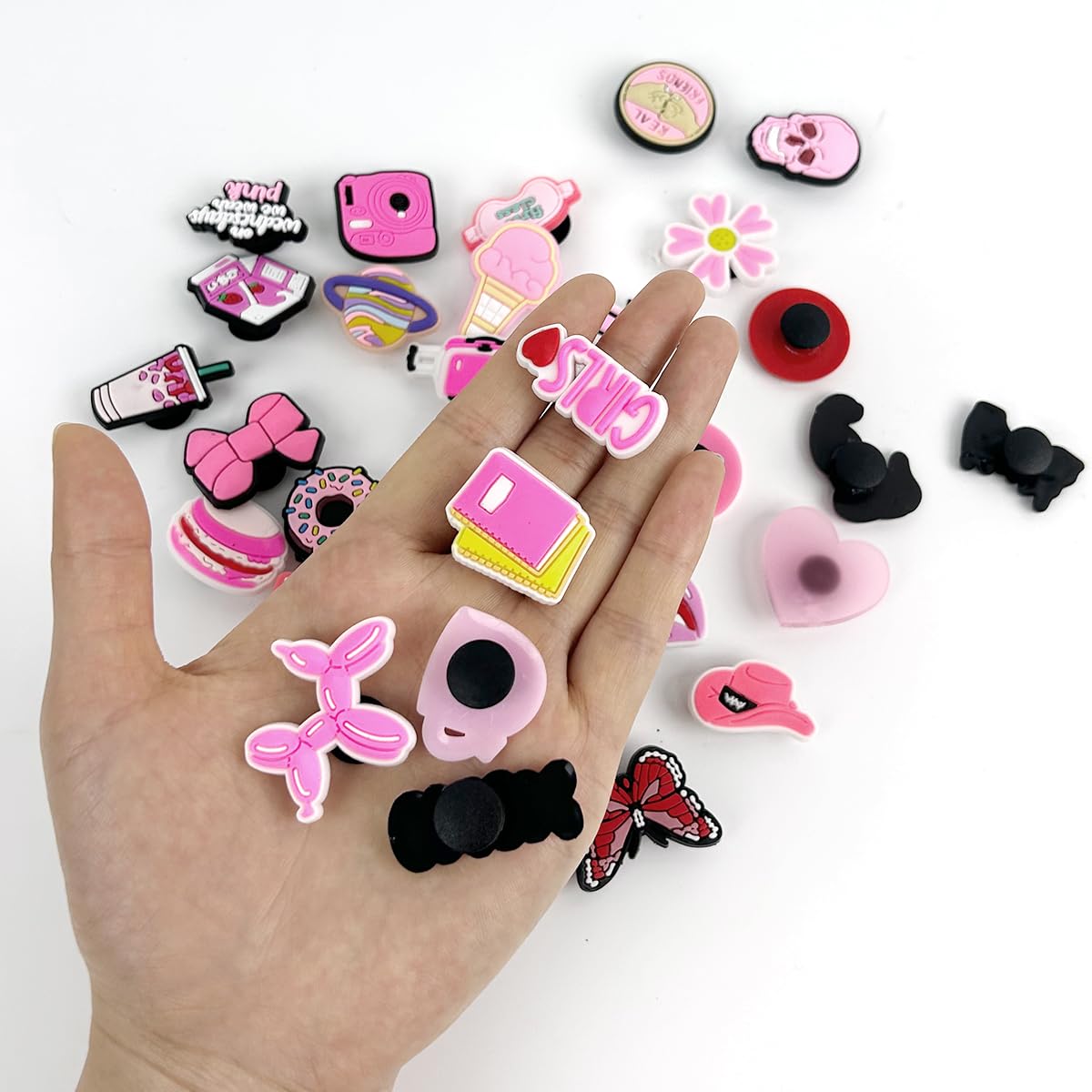 HASTHIP Shoe Decoration Charms Combo for Clogs with Secure Snap Attachment | 65Pcs Pink Rubber Set for Teens and Adults