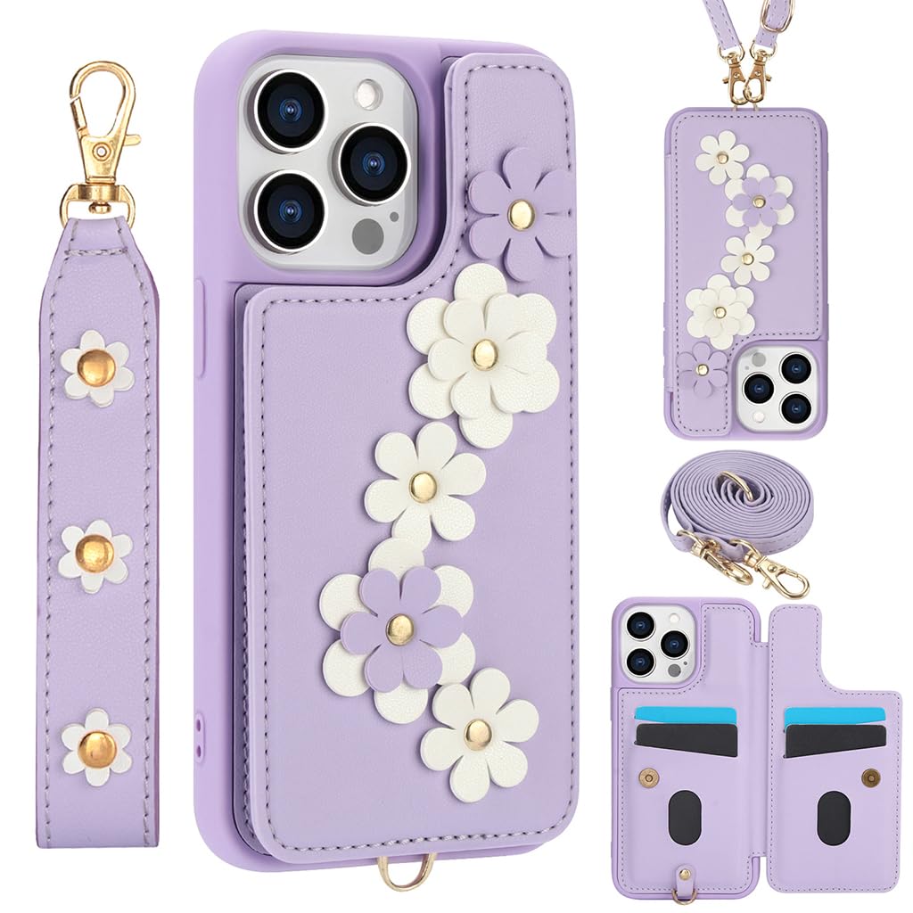 HASTHIP® Funda para iPhone 16 Pro, billetera con tarjetero, bonito bolso bandolera con diseño floral para mujer