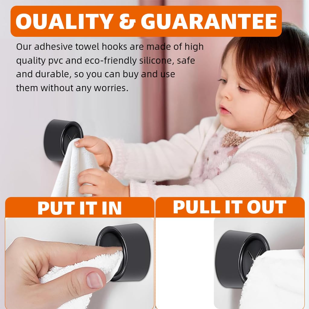 HASTHIP Wall Towel Holders for Kitchen and Bathroom featuring Push-in Snap Mechanism | 4Pcs 1.6 in Round Self Adhesive Cotton Black Set