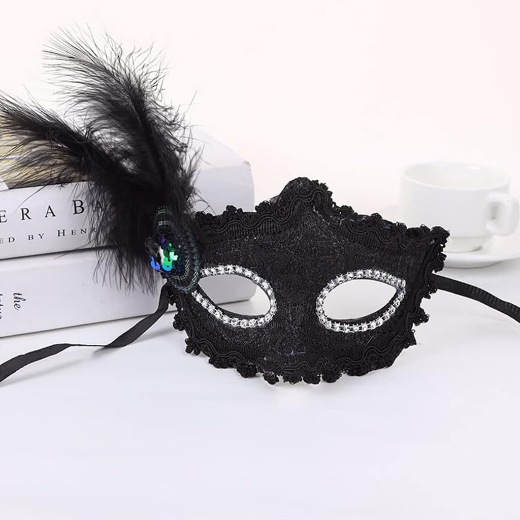 HASTHIP® 2 Piezas Máscaras Venecianas para Mujer con Plumas Elegantes,Antifaz de Baile de Carnaval y Fiesta Disfraces,Máscara Ojos Negra y Blanca con Cinta Ajustable