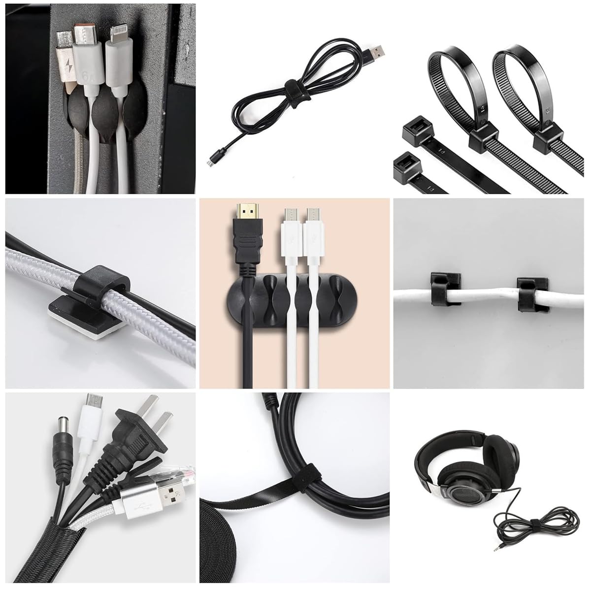 HASTHIP Cable Organizer Kit for Home and Office with 173 pcs and Self Adhesive Clips | PET Cable Sleeves and Ties