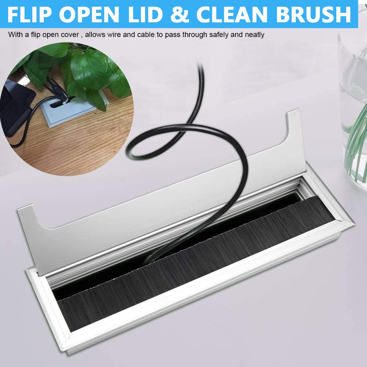 HASTHIP Rectangular Wire Cable Hole Cover for Office Desks with Flip Lid and Dust Brush 280mm x 80mm Silver
