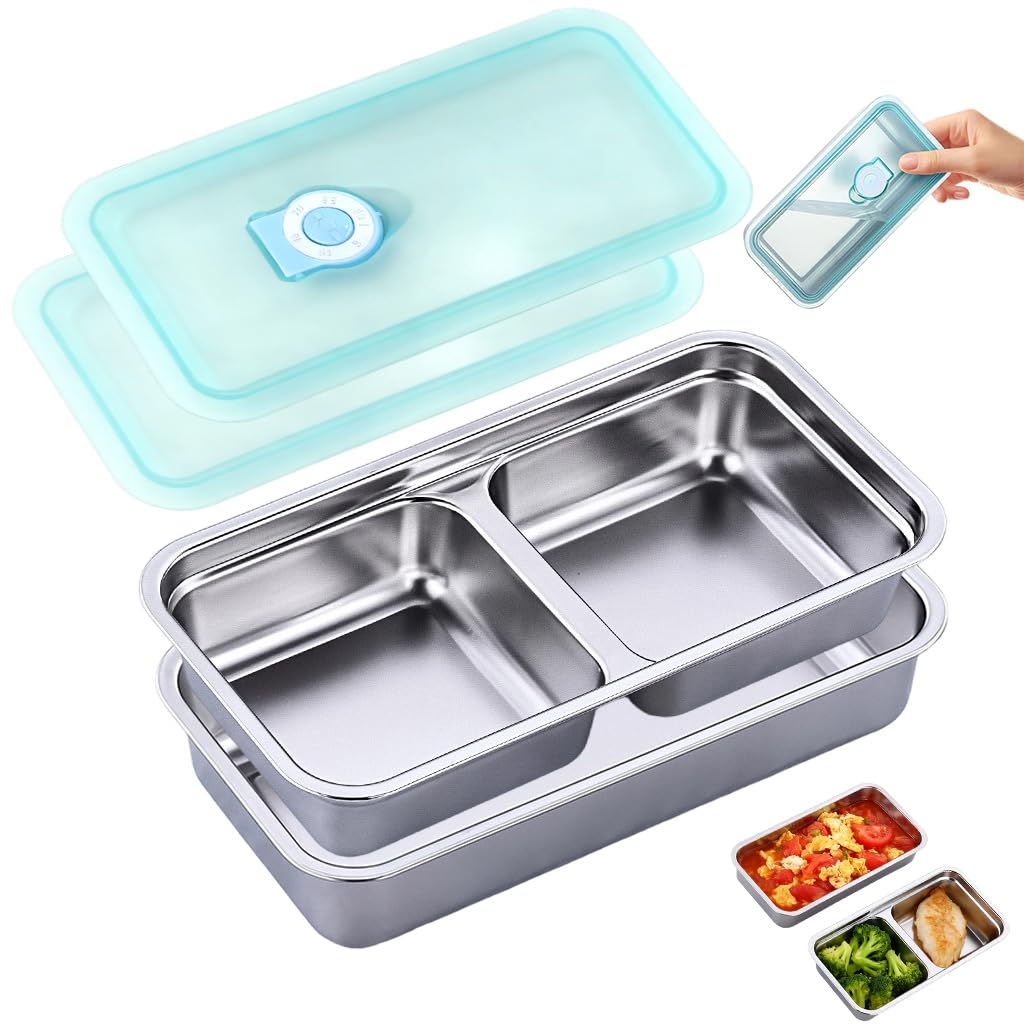 HASTHIP® 2Pcs Stainless Steel Food Containers, Single & Two-Compartment Food Storage Seal Box Leaking Proof Lunch Box, Refrigerator Fresh Box with Clear Seal Lids