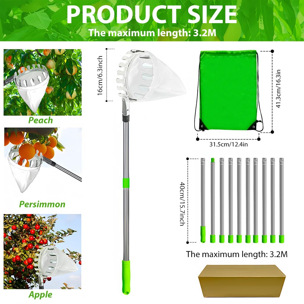 HASTHIP® Extendable Mango Plucker Tool - 10.5ft Fruit Plucker with Adjustable Pole - Alloy Material Telescopic Pole - Equipped With Net & Pole - Tree Fruit Plucker Stick - Easy To Use Fruits Catcher