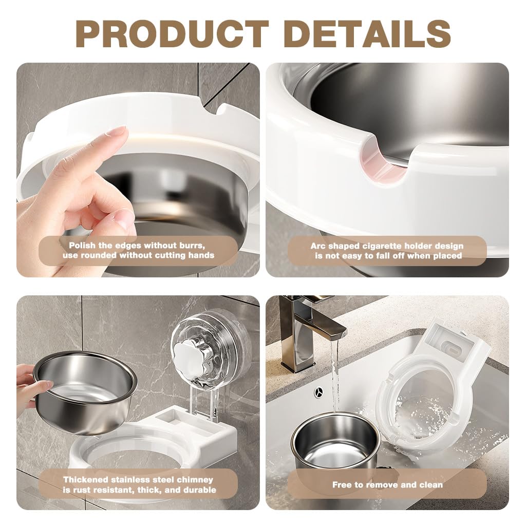 HASTHIP Wall Smoke Ashtray for Bathroom with Suction Cup Mount and Removable Stainless Steel Bowl