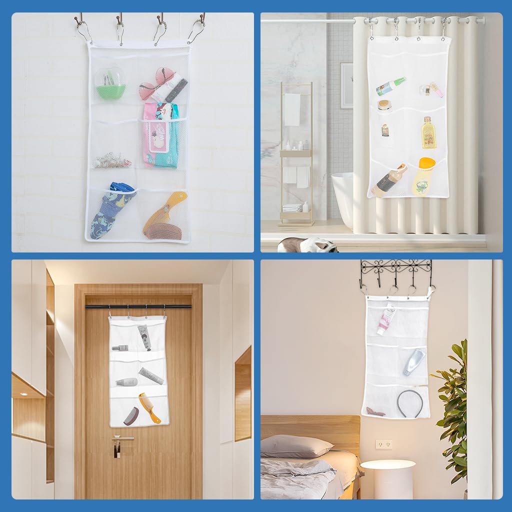 HASTHIP Mesh Shower Caddy Organizer with 6 Pockets and Metal Hooks featuring Quick Drying Mesh | White Bathroom Storage