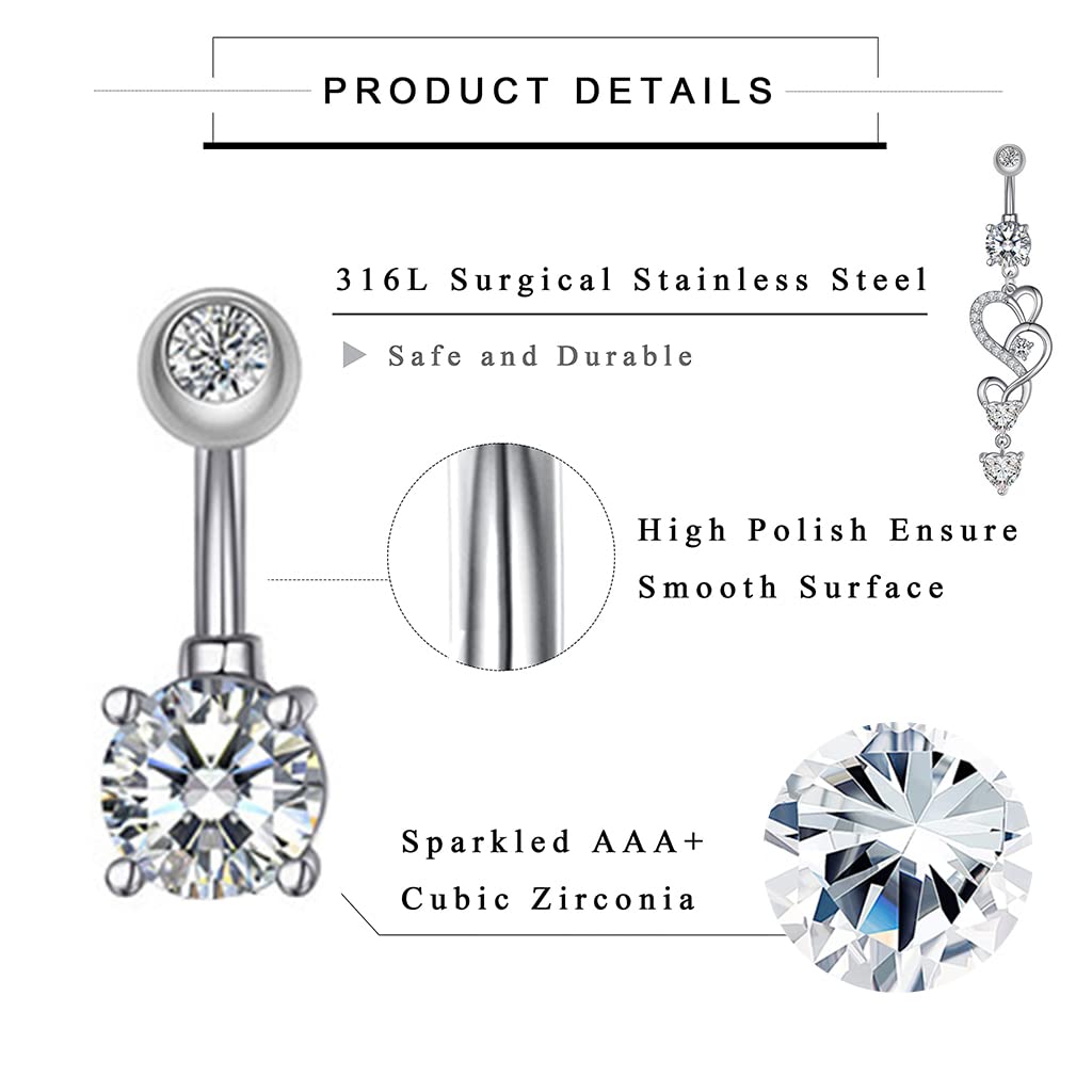 HASTHIP 14g Curved Navel Ring in Stainless Steel with a Shining Cubic Zirconia Detail