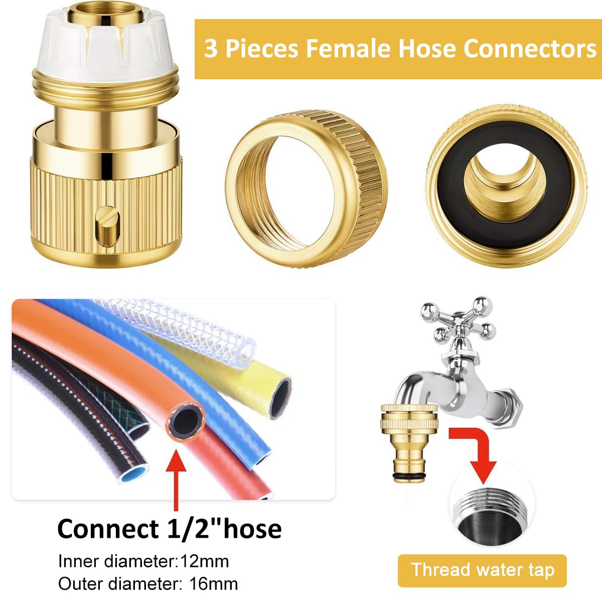 HASTHIP® 1/2" Water Hose Quick Connect Fittings Heavy Duty Brass Garden Hose Quick Connect Fittings for Pressure Washers, Sprinklers and Watering Systems