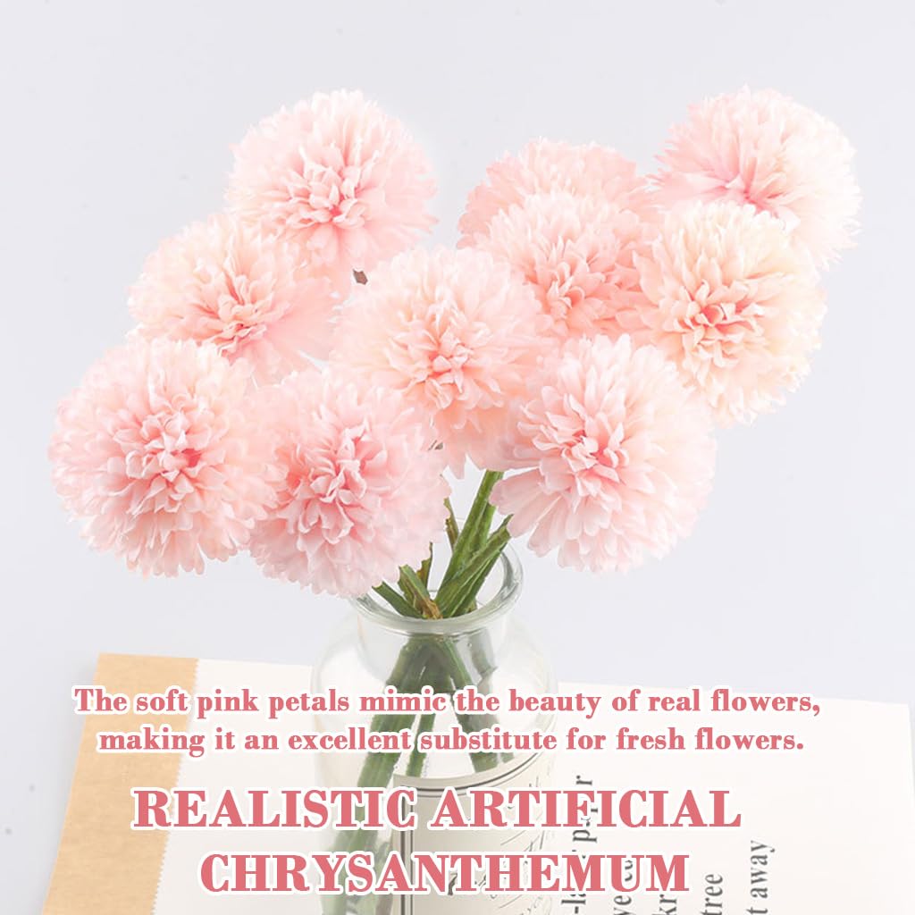 HASTHIP Artificial Chrysanthemum Flowers for Table Decor featuring 10pcs 9in Pink Fabric Bouquet