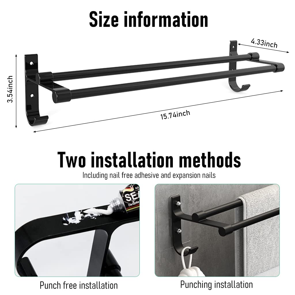 HASTHIP Towel Rack for Bathroom with Double Poles and Side Hooks featuring 15.7 in Rustproof Aluminum Wall Mount | Black