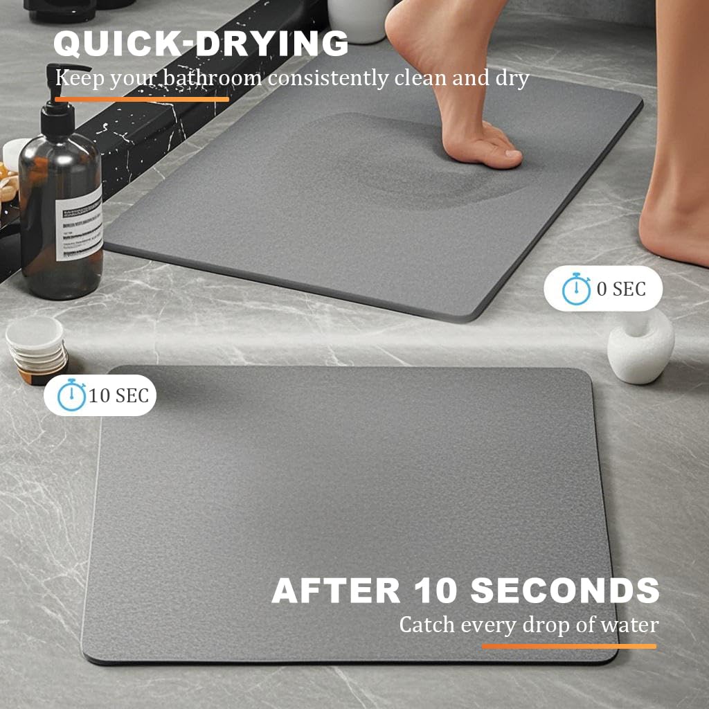 HASTHIP Bath Mat for Bathroom with Double Sided Anti Skid Base 15.75x11.8 in Grey | Quick Dry Diatomaceous Earth Surface