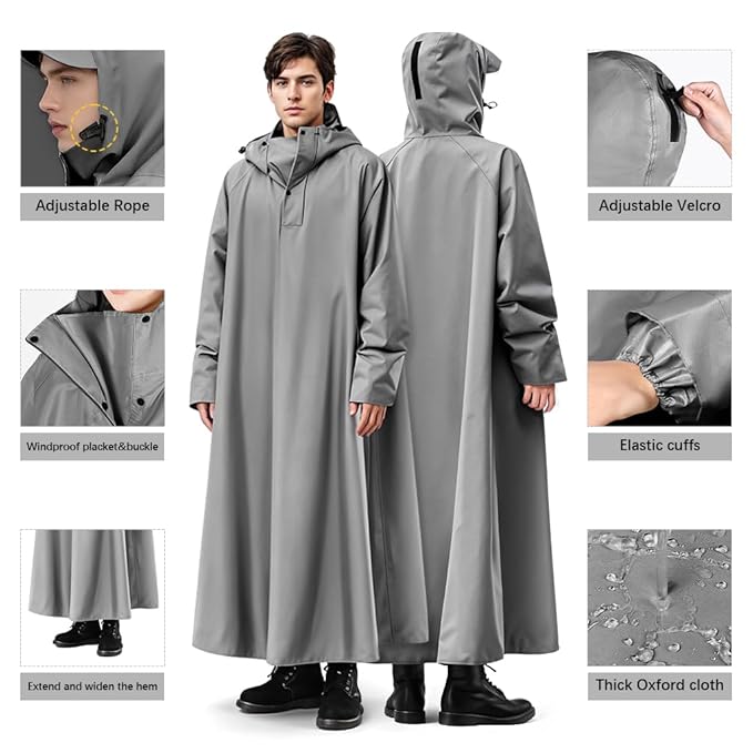 HASTHIP®Long Rain Coat, Raincoat for Men Women Waterproof | Reusable Hooded Rain Poncho with Wide Brim | Lightweight Raincoat for Hiking, Travel, Motorcycle Riding M