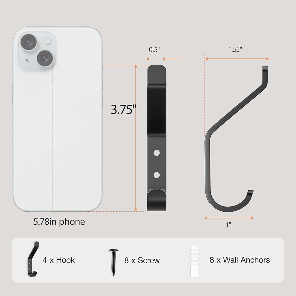 HASTHIP® 4Pcs Wall Hooks Hat Hooks Garment Hanger Hooks Coat Hooks Dual-hook Design Modern Minimalist Cast Iron Wall Mount Hooks with Screws Kit, Versatile Wall Hooks for Entryway, Wall, Room, Kitchen