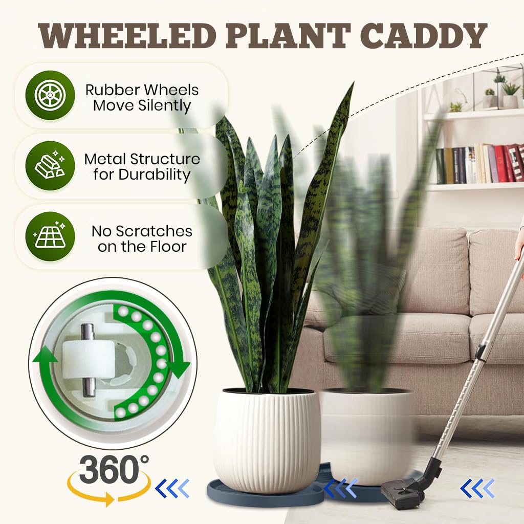 HASTHIP Plant Pot Stand for Indoor & Outdoor Use with 360° Wheels and Spiral Ridged Tray | 37 cm Grey PP Caddy