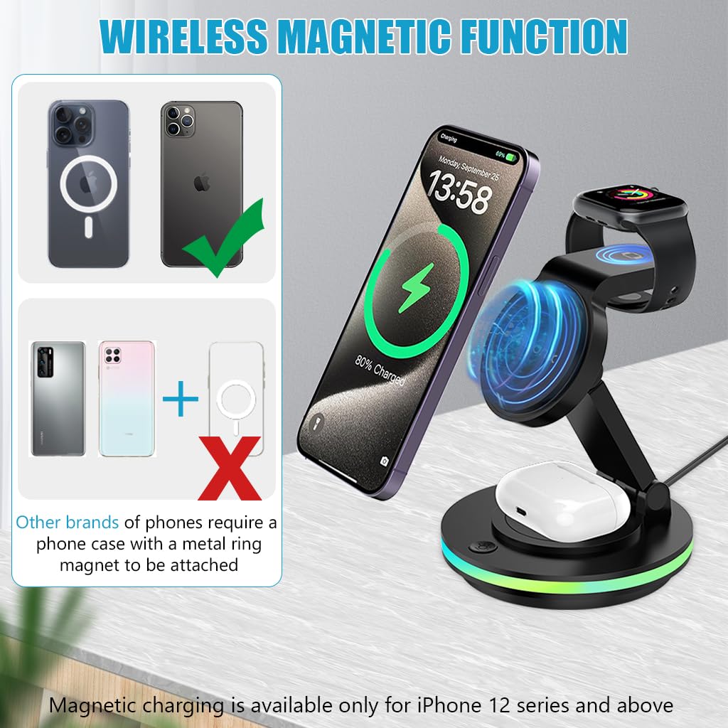 Magnetic Wireless Charger for iPhone 3 IN 1 Wireless Magentic Charger for iPhone, iWatch & Airpods Fashion Travel Folding Wireless Magentic Charger with Light
