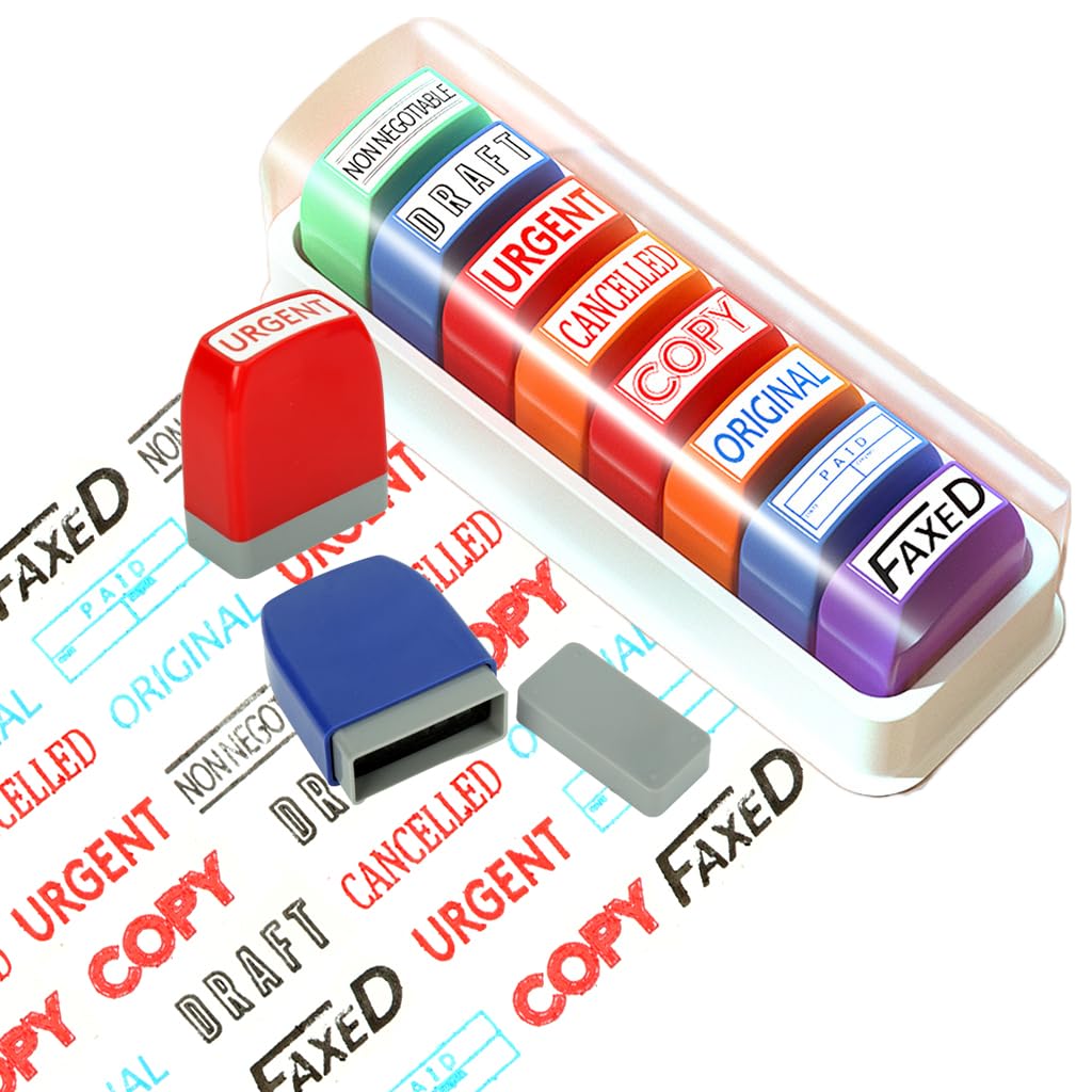 HASTHIP® 8PCS Self-Inking Office Stamps Set,Business Rubber Stamps in Red & Blue Ink,Paid Copy Scanned Faxed Approved Completed Message Work with Storage Tray Multicolor for Documents & Office