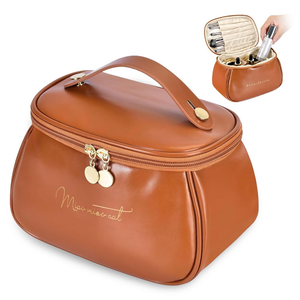HASTHIP® Bolsa de Maquillaje de Viaje para Mujer,Impermeable y Gran Capacidad,Organizador Cosmético con Compartimentos Estuche Portátil con Asa y Cremallera Suave Color Café